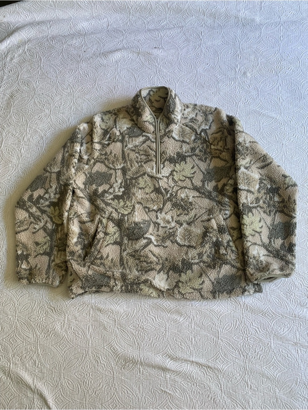 BDG Neutral Gray Leaf-Print Sherpa Pullover